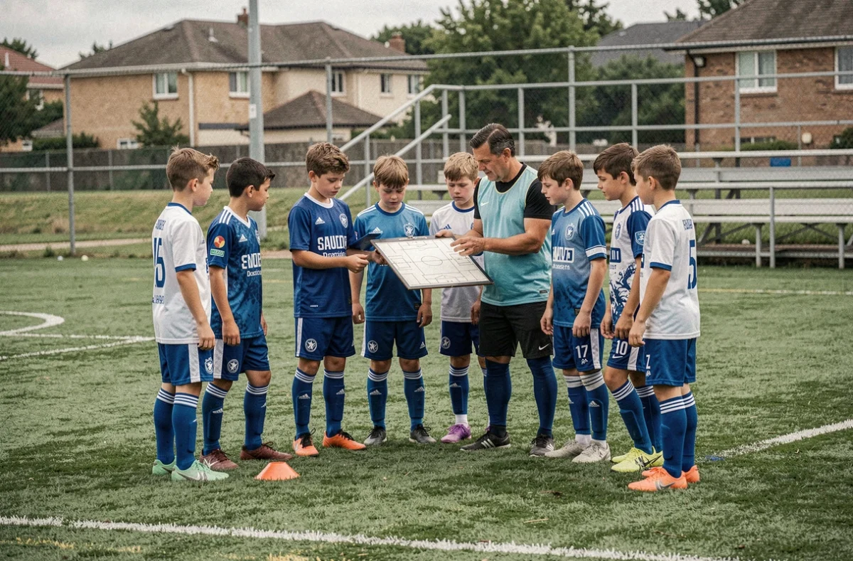 Jeunes joueurs de football en club district 44 écoutant leur entraîneur sur un terrain de football local en Loire-Atlantique