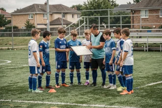 Jeunes joueurs de football en club district 44 écoutant leur entraîneur sur un terrain de football local en Loire-Atlantique