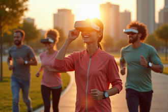Jeunes utilisant la technologie fitness urbaine au lever du soleil