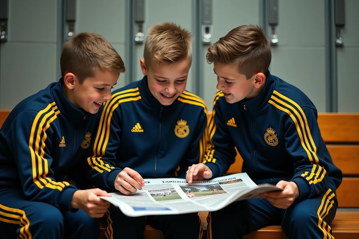 Groupe de jeunes sportifs amienois lisant un article de la gazette sportive locale dans un vestiaire de club, illustrant l'importance de la presse régionale pour les athlètes en herbe