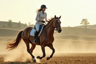 Jeune cavaliere guidant un cheval au galop en plein air