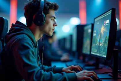 Jeune homme concentré sur son écran gaming en compétition
