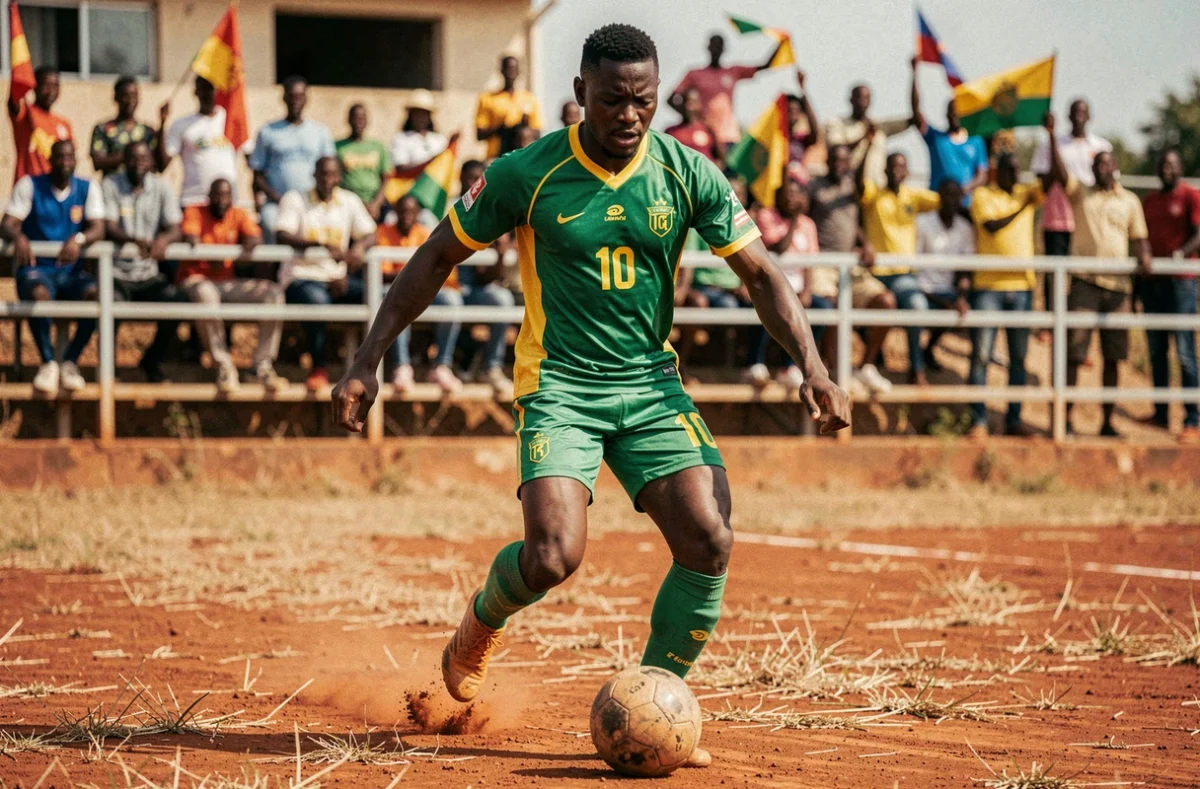 Joueur de football congolais en action sur un terrain de terre rouge lors d'un match de championnat national RD Congo