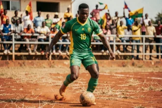 Joueur de football congolais en action sur un terrain de terre rouge lors d'un match de championnat national RD Congo