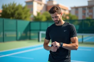 Homme sportif regardant sa smartwatch sur court de padel