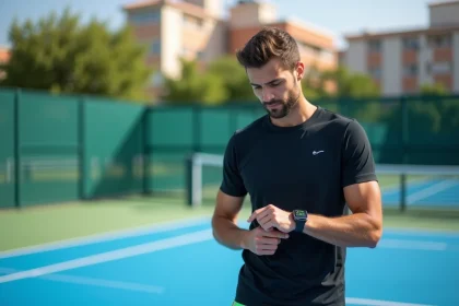 Homme sportif regardant sa smartwatch sur court de padel