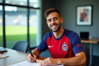 Joueur de football professionnel signant un contrat dans une salle de réunion moderne d'un club de Ligue 1, illustration des négociations salariales au PSG 2026