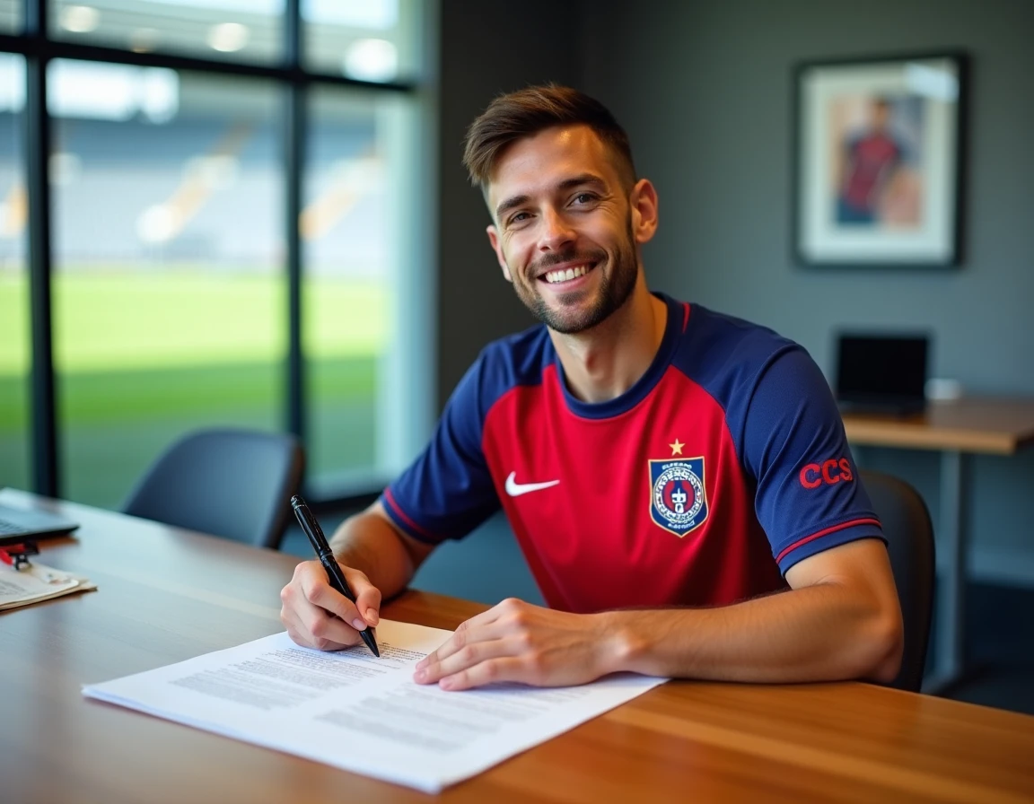 Joueur de football professionnel signant un contrat dans une salle de réunion moderne d'un club de Ligue 1, illustration des négociations salariales au PSG 2026