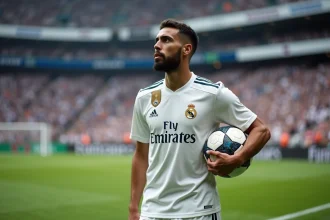 Joueur du Real Madrid en maillot blanc sur la pelouse du stade avec expression déterminée
