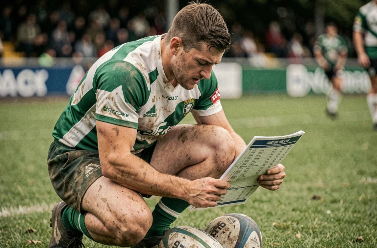 Joueur de rugby amateur en Fédérale 2 Poule 3 analysant une feuille de statistiques sur le terrain