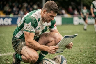 Joueur de rugby amateur en Fédérale 2 Poule 3 analysant une feuille de statistiques sur le terrain