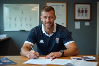 Joueur de rugby en nationale 2 signant un contrat de transfert dans un bureau de club professionnel