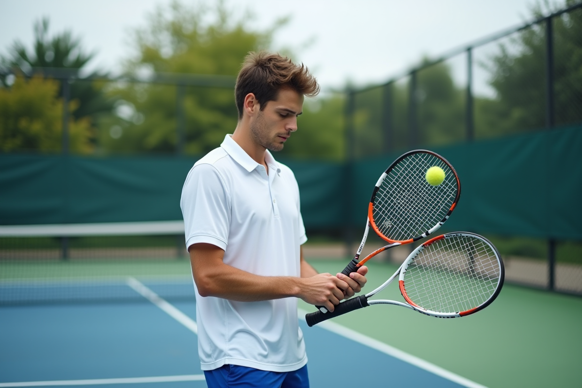 Jeune joueur de tennis examine deux raquettes modernes en extérieur