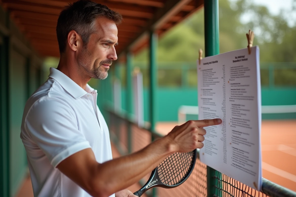 Joueur de tennis étudiant le tableau de classement et la répartition des points P100 affiché sur le panneau d'un club en terre battue