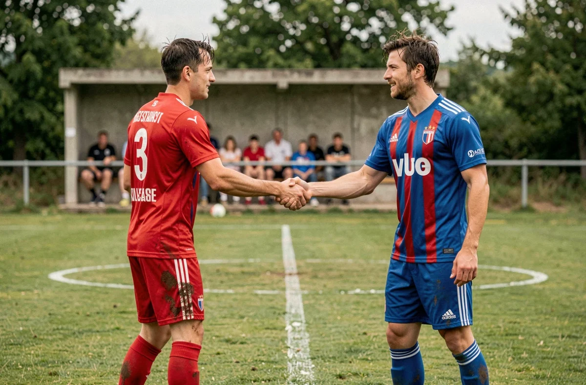 Deux joueurs de football de district en train de se serrer la main au centre du terrain après un match de ligue