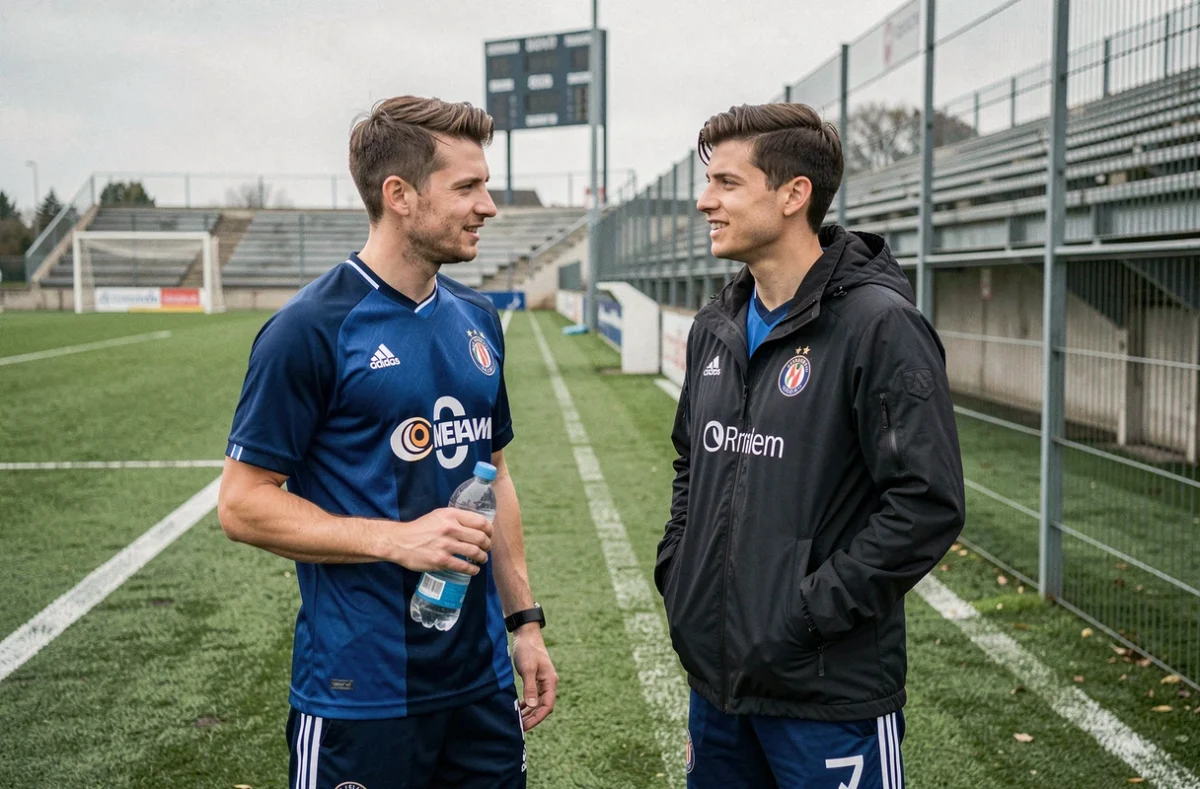 Deux footballeurs de National 2 discutant en bord de terrain lors d'un entraînement dans un stade semi-professionnel
