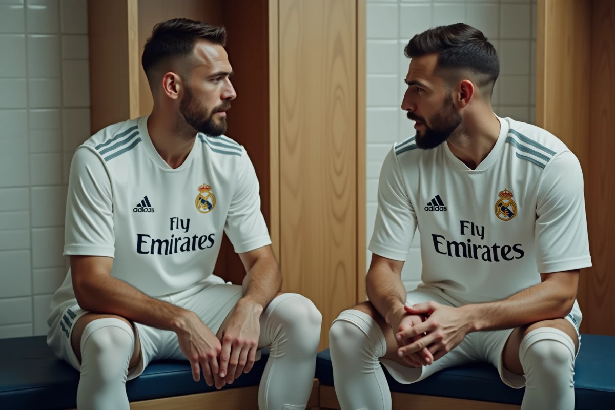 Deux joueurs du Real Madrid en discussion dans le vestiaire pendant l'entraînement