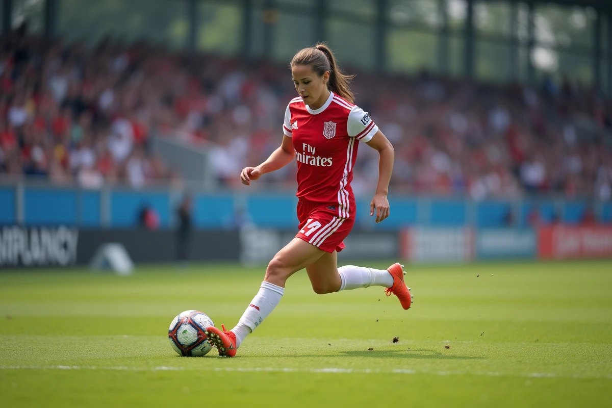 Joueuse de football féminin en action lors d'un match officiel en Essonne sous les couleurs de son club affilié à la FFF 91
