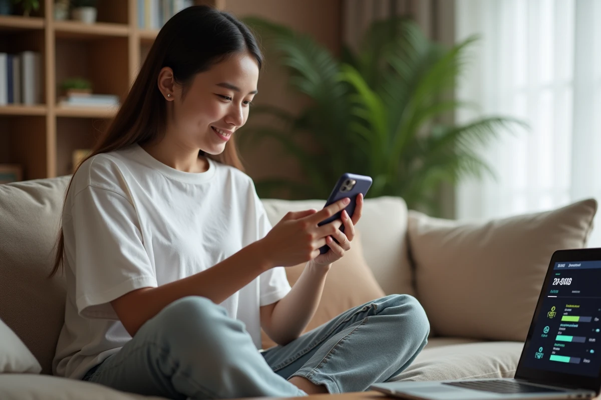 Joueuse consultant les seuils de LP et les rangs League of Legends sur son smartphone dans un salon moderne