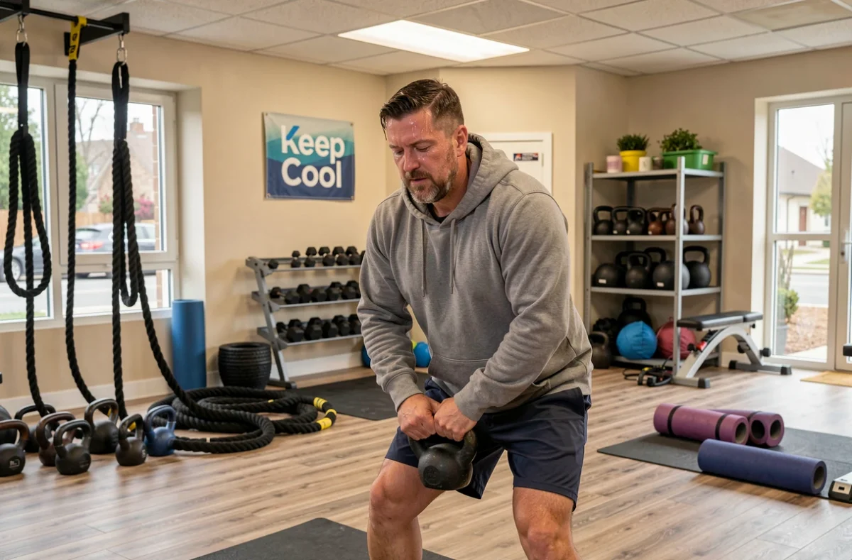 Homme réalisant des kettlebell swings dans la salle Keep Cool de Quetigny, ambiance conviviale et fonctionnelle