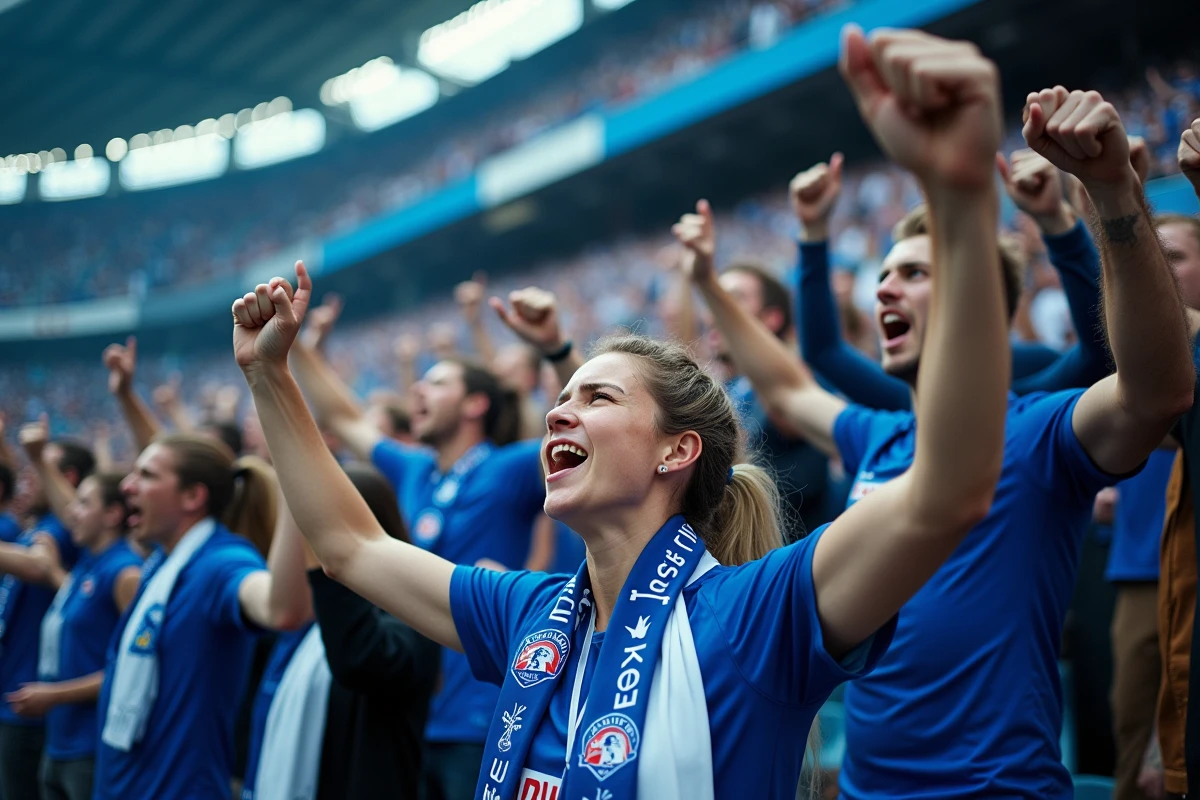 Supporters ultras du RCSA dans le kop du stade en train de chanter avec drapeaux et écharpes bleu et blanc