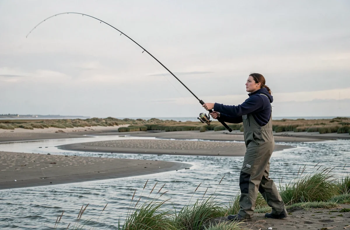 Pêcheuse lançant un montage surfcasting en bord d'estuaire lors d'un grand coefficient de marée avec bancs de sable découverts en arrière-plan