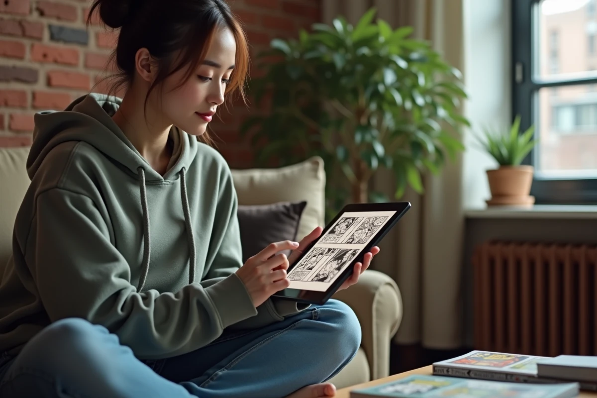 Jeune femme lisant un chapitre de manga en ligne sur tablette dans un appartement moderne