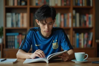 Jeune homme lisant un manga de football assis à un bureau en bois entouré de volumes manga