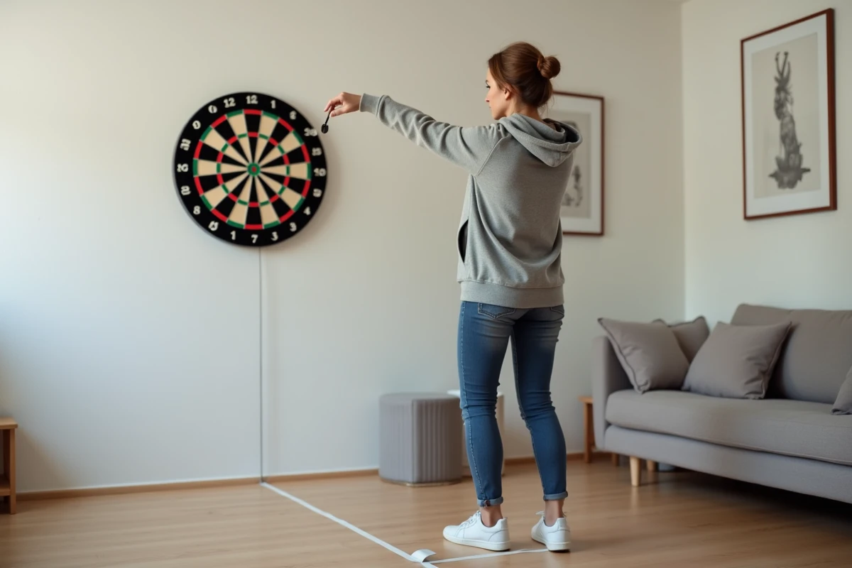 Femme lançant des fléchettes depuis la ligne de tir oche tracée dans un appartement