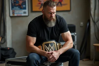 Lutteur contemplant sa ceinture de champion backstage