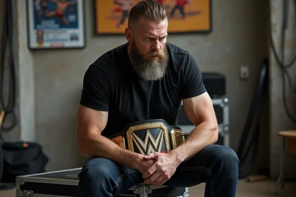 Lutteur contemplant sa ceinture de champion backstage