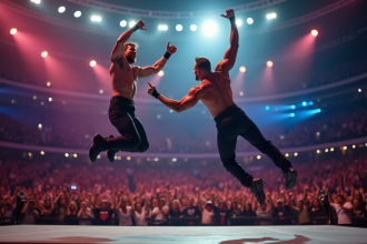 Lutteurs acrobatiques en plein saut dans une arene bondée