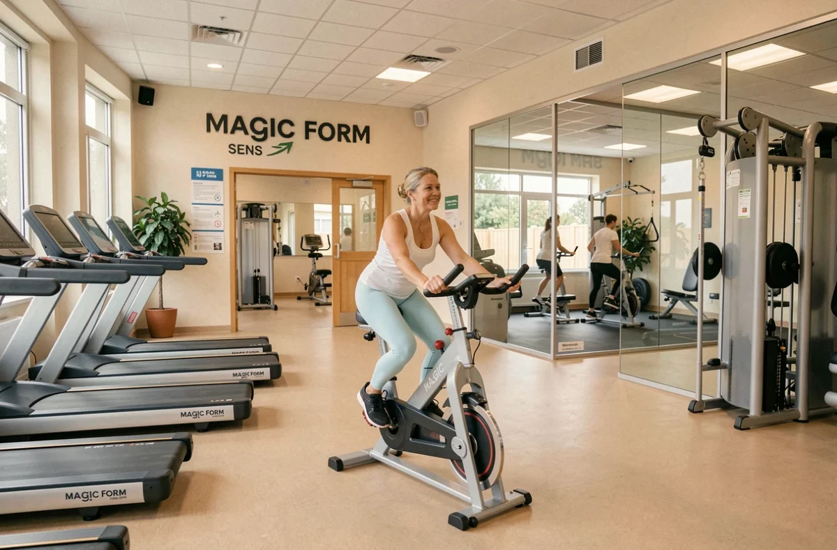 Femme d'âge mûr faisant du vélo stationnaire dans la salle Magic Form Sens, cadre accueillant et bien équipé