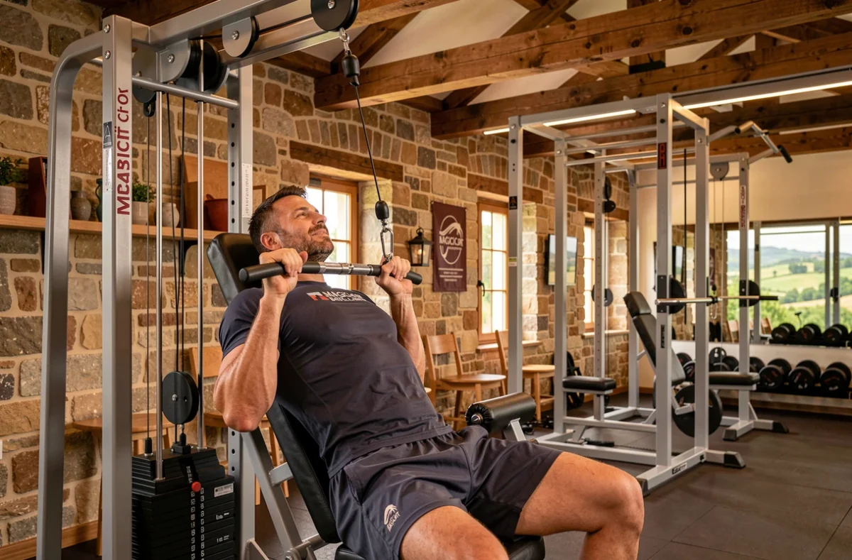 Homme s'entraînant sur machine à câbles dans la salle Magicfit Côte-d'Or, mêlant caractère régional bourguignon et équipements modernes