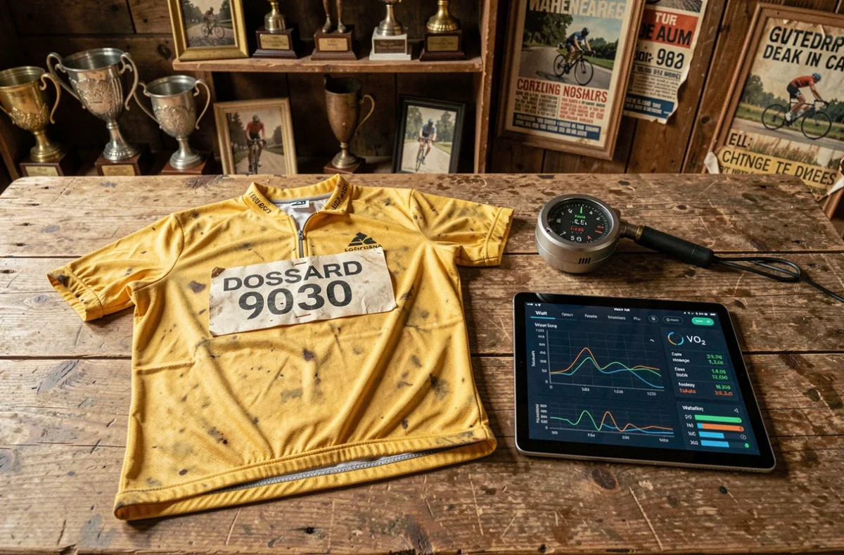 Maillot jaune vintage et capteur de puissance moderne posés sur une table en bois, symbolisant la transition entre l'héritage de Lance Armstrong et l'ère des données et des watts dans le cyclisme