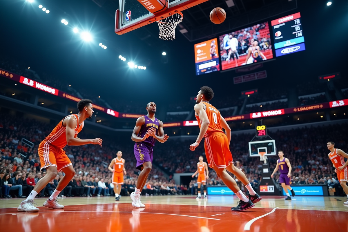 Match de basketball professionnel en action en arena moderne