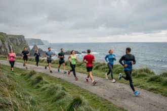 Groupe de sportifs s'entraînant en plein air sur le littoral breton avec un paysage de falaises et de mer en arrière-plan