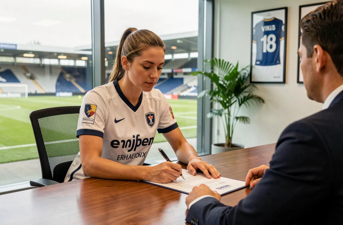Joueuse de football féminin professionnel signant un contrat lors d'une séance de mercato dans les bureaux d'un club