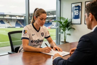 Joueuse de football féminin professionnel signant un contrat lors d'une séance de mercato dans les bureaux d'un club