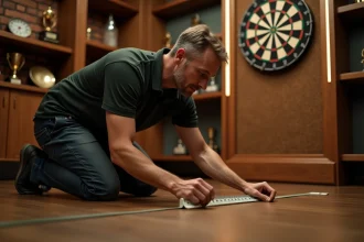 Homme mesurant la distance réglementaire fléchettes au sol dans une salle de jeux à domicile