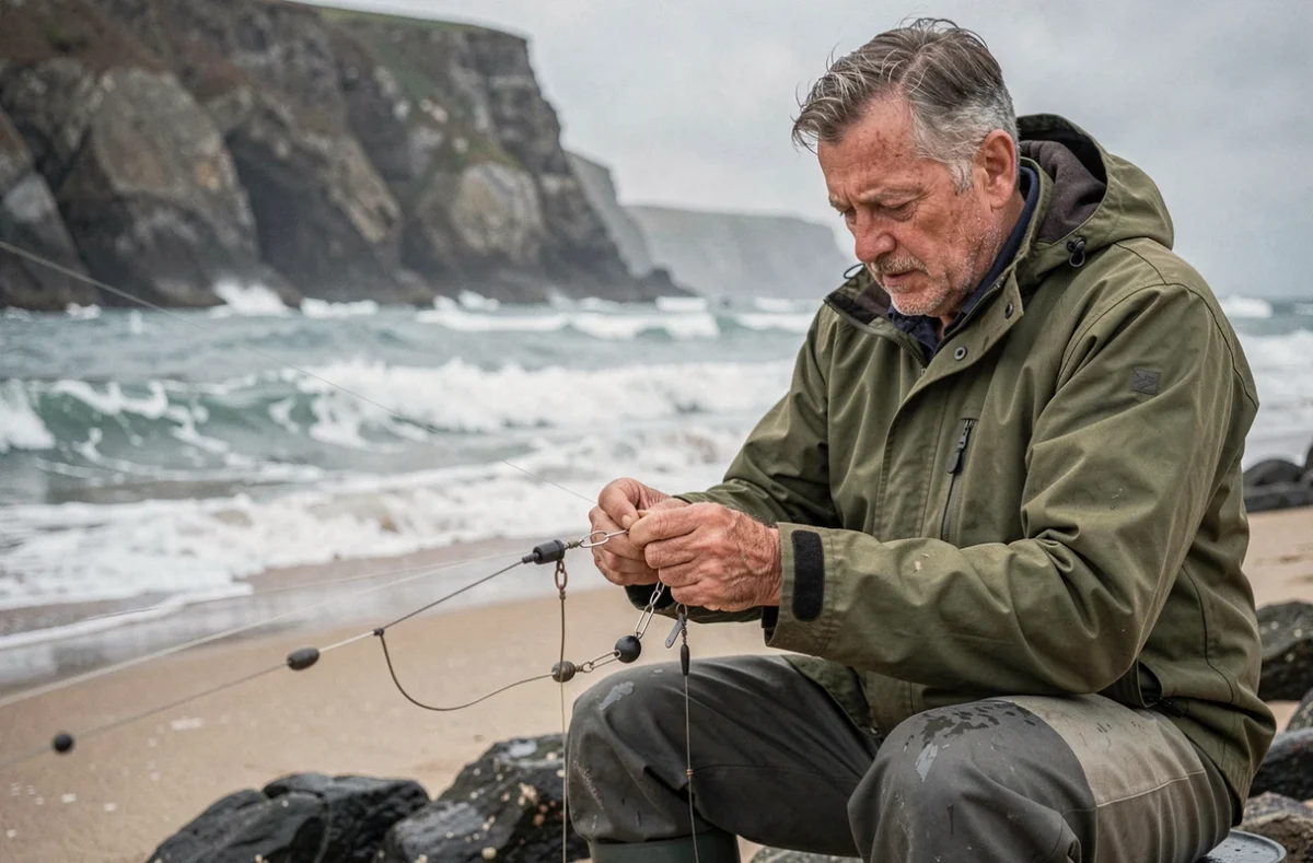 Pêcheur en waders assemblant un montage bar surfcasting avec plombée et émerillon sur une plage rocheuse lors d'un grand coefficient de marée
