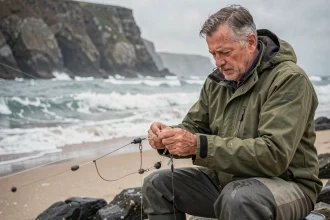 Pêcheur en waders assemblant un montage bar surfcasting avec plombée et émerillon sur une plage rocheuse lors d'un grand coefficient de marée