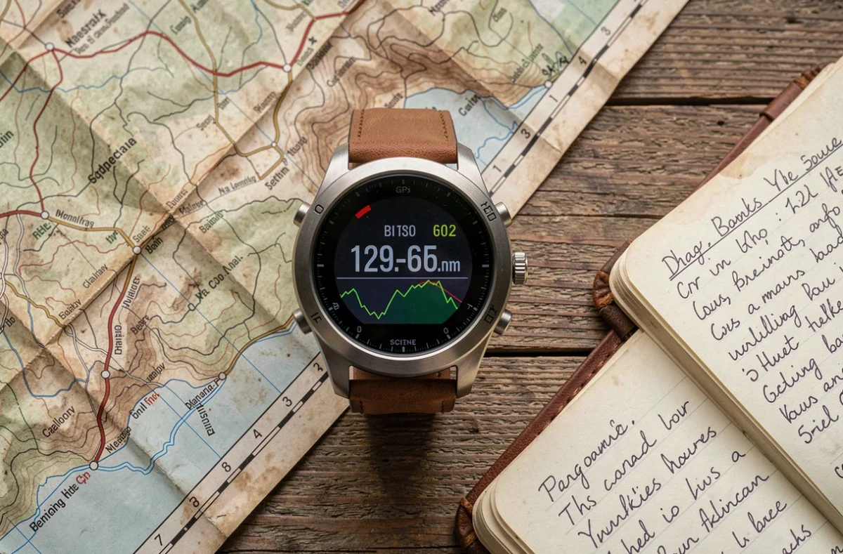 Montre GPS de randonnée posée sur une carte topographique avec journal de terrain et données de parcours