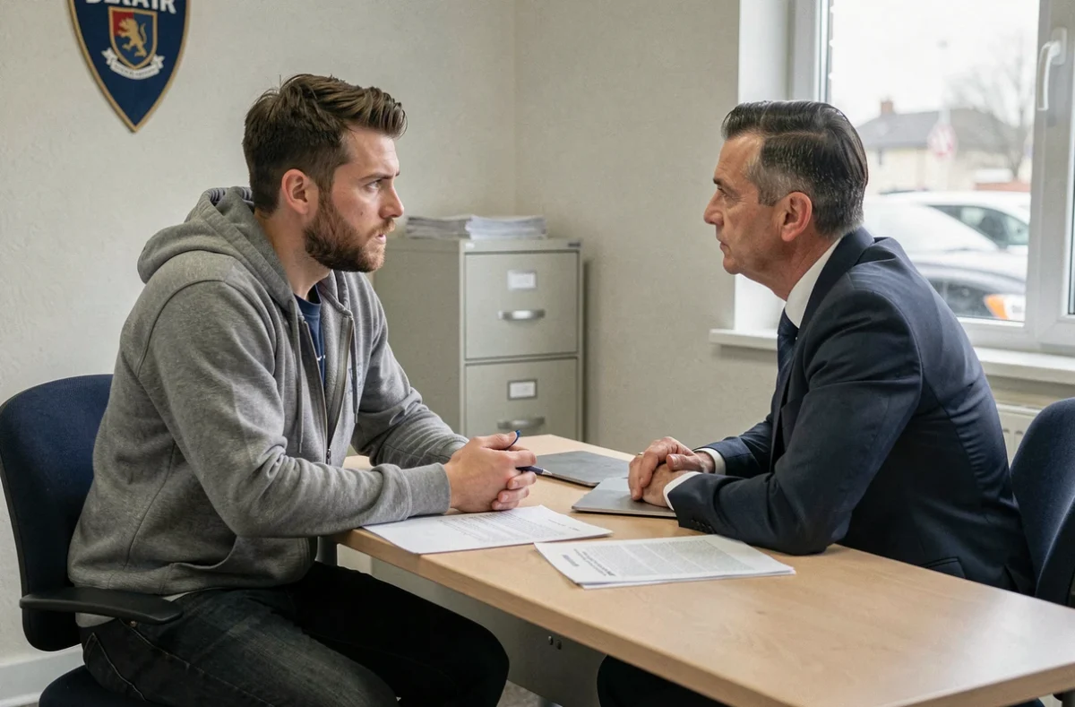 Footballeur de National 2 en négociation salariale avec le dirigeant de son club dans un bureau administratif