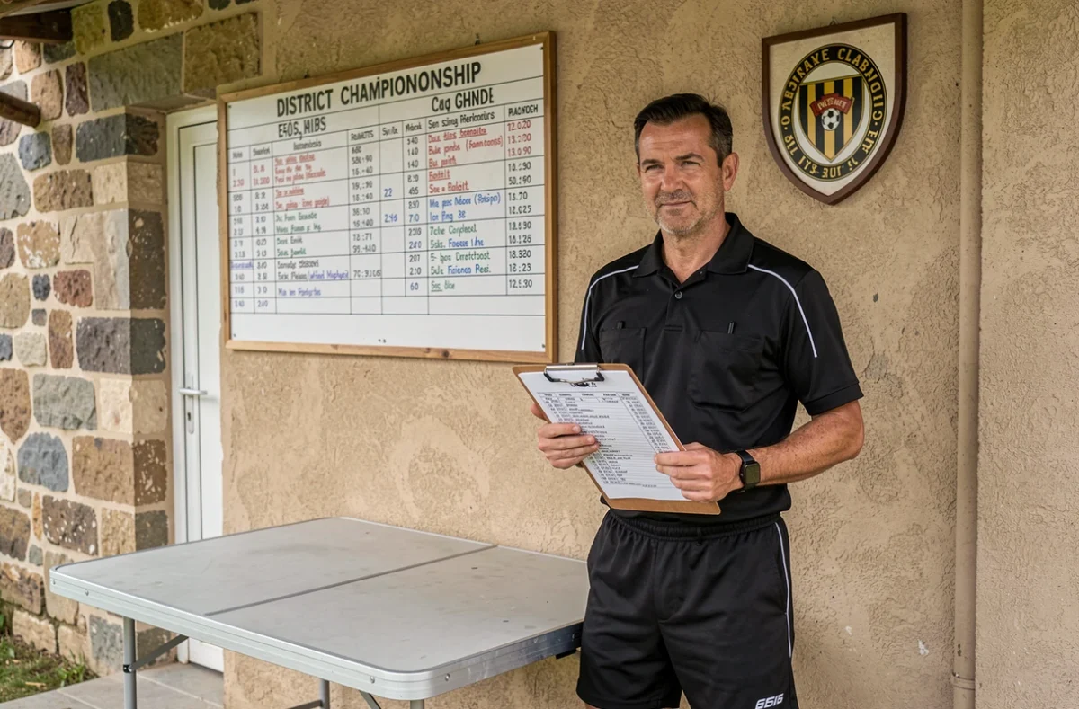Arbitre et organisation administrative du football district 44 devant un club-house local en Loire-Atlantique