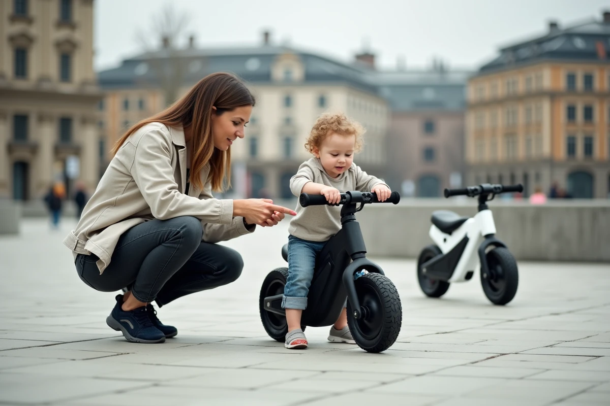 Parent aidant un enfant sur une draisienne électrique noire dans une place urbaine, comparaison avec un modèle blanc en arrière-plan