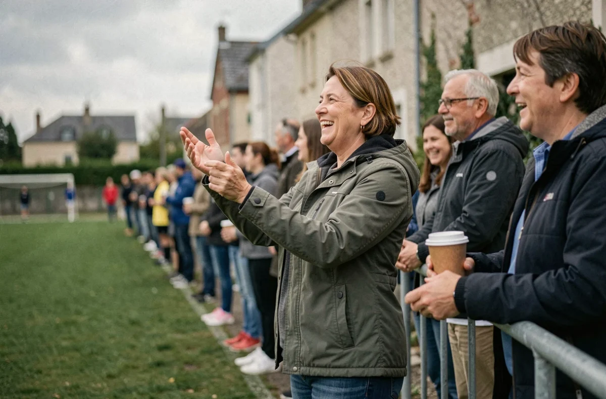 Mère de jeune joueur de football encourageant son enfant depuis la touche lors d'un match de district en Loire-Atlantique