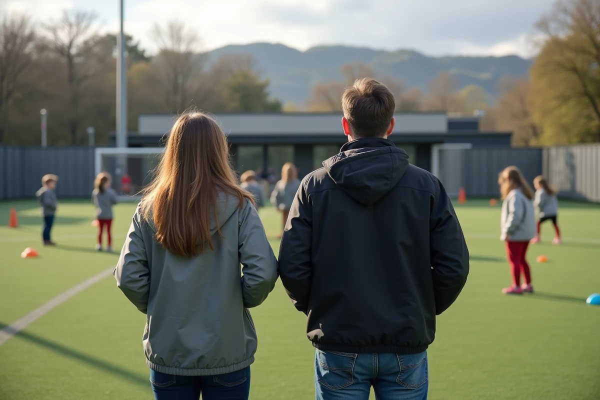 Parents regardant les enfants jouer au football sur le terrain