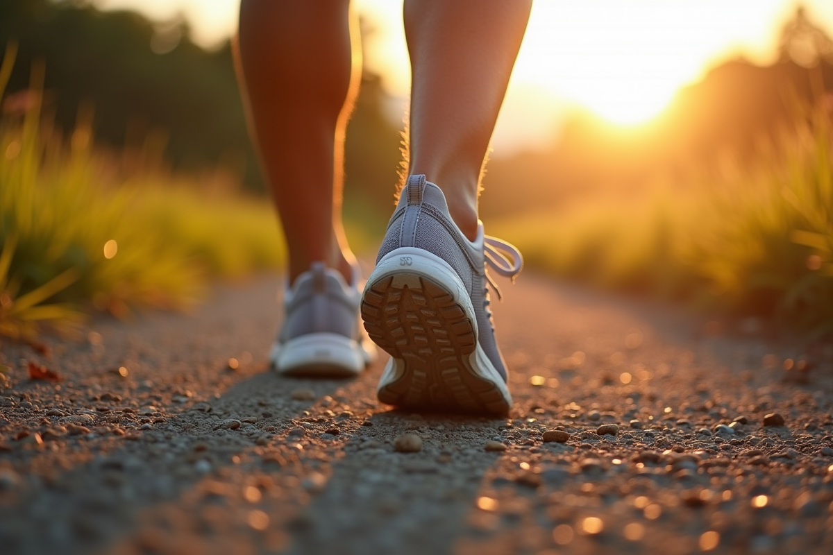 Gros plan sur des sneakers sur un sentier rural au matin