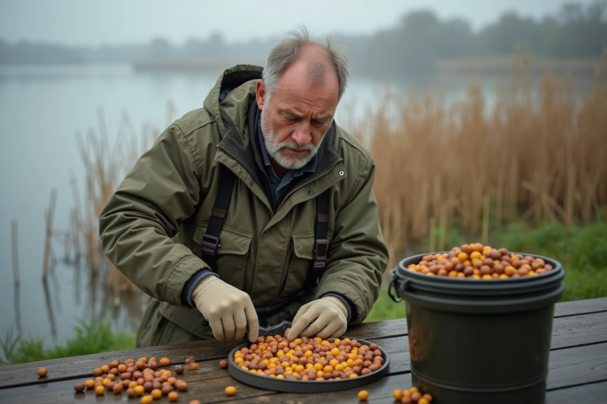 Pêcheur préparant des bouillettes carpe pour un amorçage massif au bord d'un lac